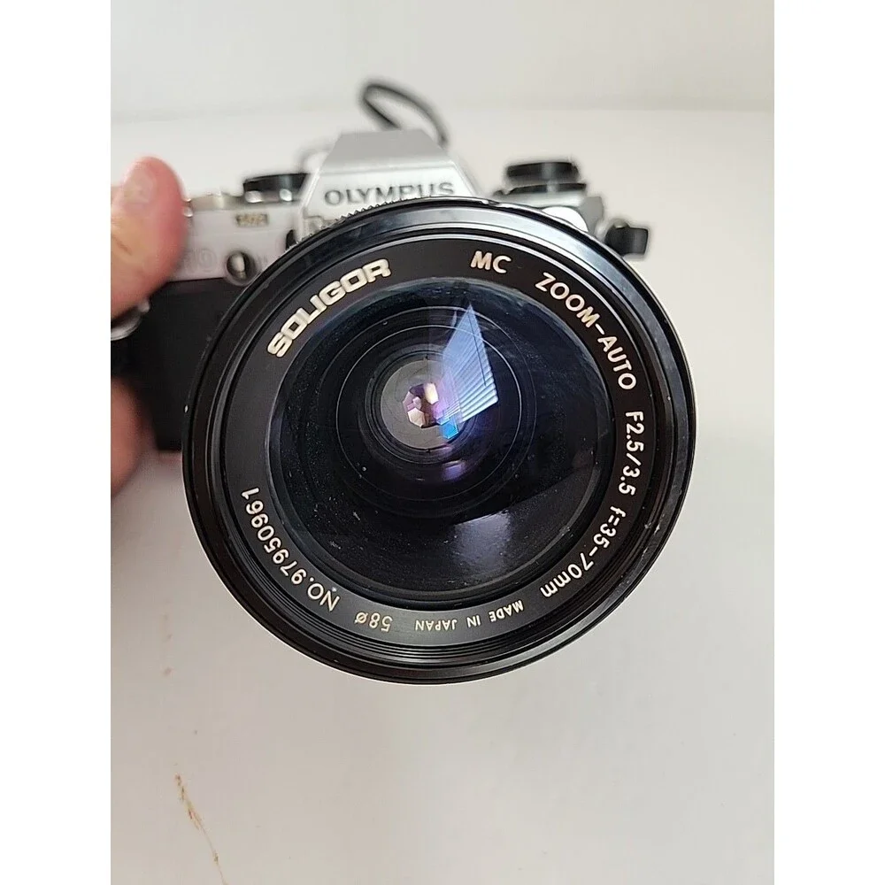 Vintage Olympus OM-10 35mm film Camera Soligor 70mm F2.5/3.5 Lens And winder